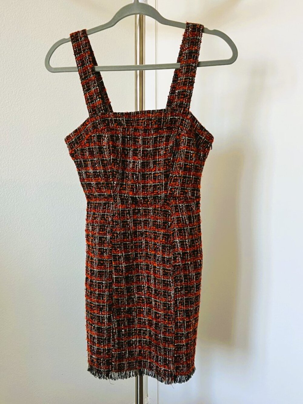 Bershka Tweed Pinafore Mini Dress Burnt Orange Plaid XS